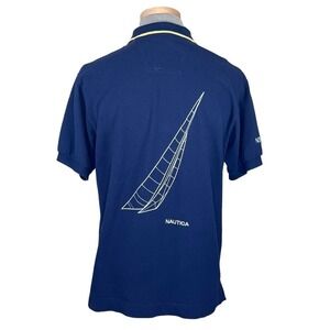 Nautica Men’s Navy & Gold Polo with Sailboat Print on the Back Size Medi…
